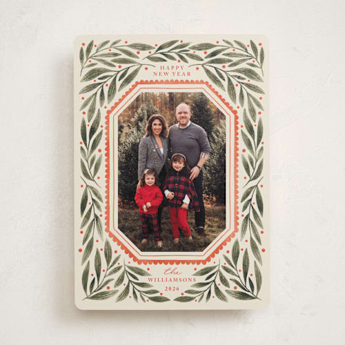 This is a wintergreen holiday photo cards with standard by Kristen Magee called botanical scallop frame printing on recycled smooth signature in standard