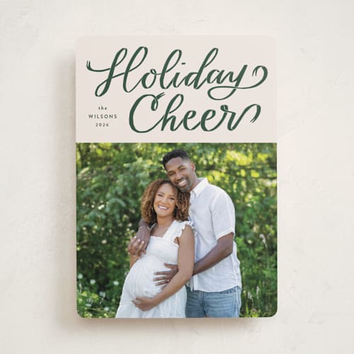 This is a evergreen holiday photo cards with standard by Alicia Schultz called holiday cheer ribbon printing on recycled smooth signature in standard