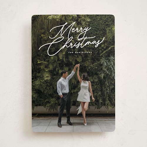 This is a snowfall holiday photo cards with standard by Melanie Kosuge called merry monoline printing on recycled smooth signature in standard