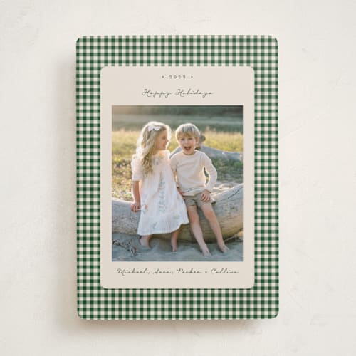This is a fir holiday photo cards with standard by Emily Betts called gingham vintage printing on recycled smooth signature in standard