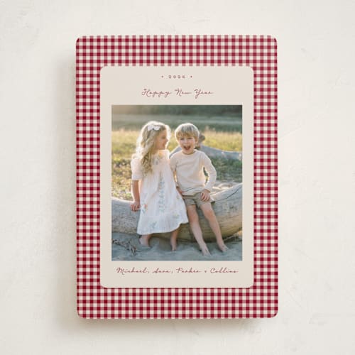 This is a cranberry holiday photo cards with standard by Emily Betts called gingham vintage printing on recycled smooth signature in standard