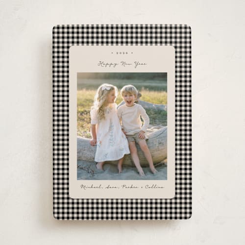 This is a coal holiday photo cards with standard by Emily Betts called gingham vintage printing on recycled smooth signature in standard