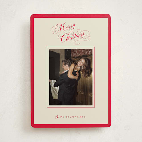 This is a poinsettia holiday photo cards with standard by Jen Ramsey called christmas elegance printing on recycled smooth signature in standard