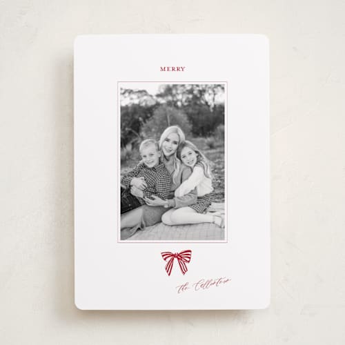 This is a candy cane holiday photo cards with standard by Mere Paper called stamped with a bow printing on recycled smooth signature in standard