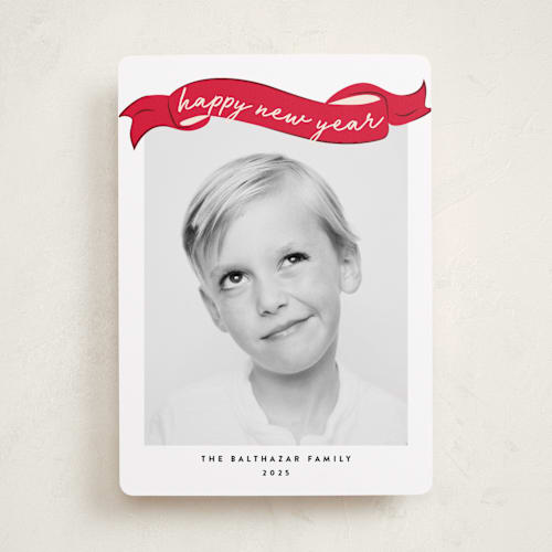 This is a crimson holiday photo cards with standard by Jennifer Lew called spool printing on recycled smooth signature in standard
