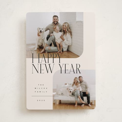 This is a linen holiday photo cards with standard by Kelly Schmidt called happy overlay printing on recycled smooth signature in standard