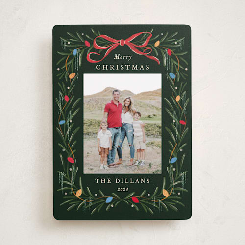 This is a evergreen holiday photo cards with standard by leslie hamer called tinsel wreath printing on recycled smooth signature in standard