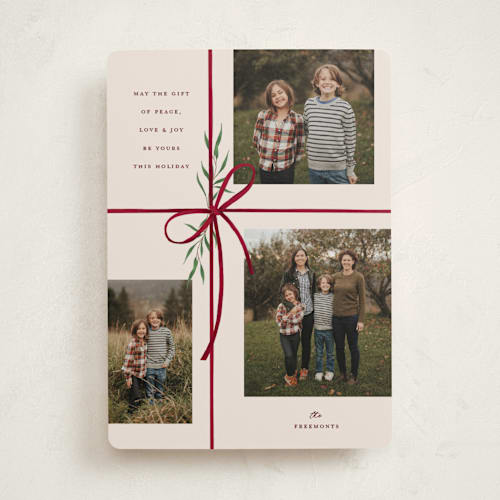 This is a burgundy holiday photo cards with standard by Susan Zinader called holiday gifts printing on recycled smooth signature in standard