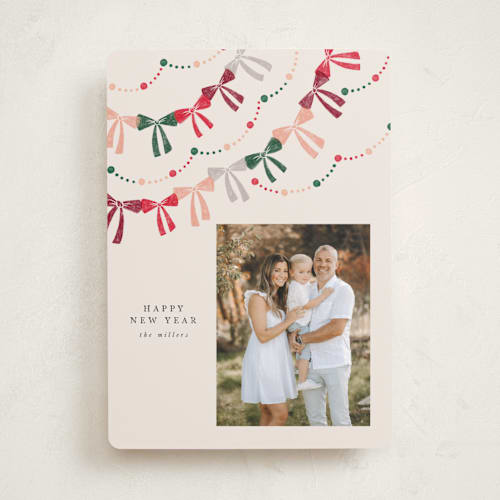 This is a candied apple holiday photo cards with standard by Vivian Yiwing called bow garland printing on recycled smooth signature in standard