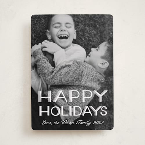 This is a snow holiday photo cards with standard by Becky Nimoy called happy holidays retro lettering printing on recycled smooth signature in standard