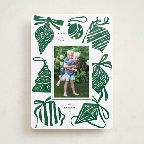 This is a fir holiday photo cards with standard by Corinne Malesic called bauble & bow printing on recycled smooth signature in standard