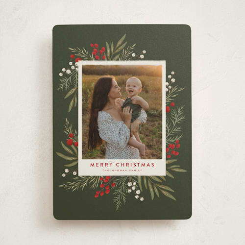 This is a wreath holiday photo cards with standard by Wildfield Paper Co called holly + olive printing on recycled smooth signature in standard