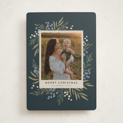 This is a juniper holiday photo cards with standard by Wildfield Paper Co called holly + olive printing on recycled smooth signature in standard