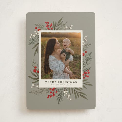 This is a mistletoe holiday photo cards with standard by Wildfield Paper Co called holly + olive printing on recycled smooth signature in standard
