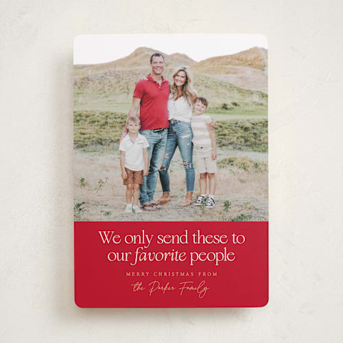This is a poinsettia holiday photo cards with standard by Robert and Stella called favorite people printing on recycled smooth signature in standard