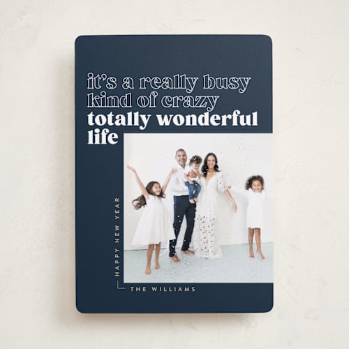 This is a navy holiday photo cards with standard by Robert and Stella called totally wonderful printing on recycled smooth signature in standard