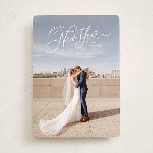 This is a snow holiday photo cards with standard by Hooray Creative called angled script printing on recycled smooth signature in standard