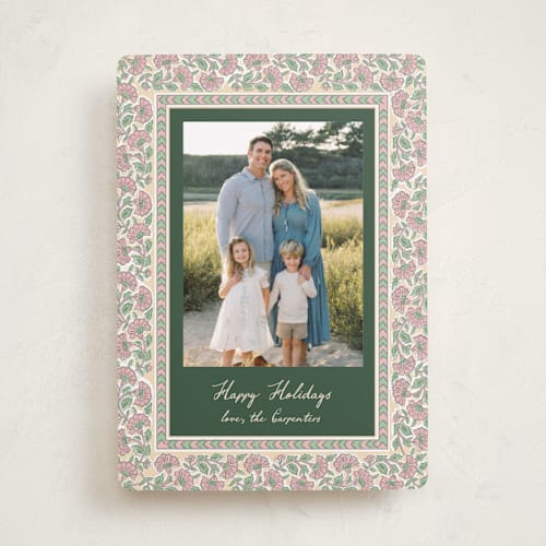 This is a forest holiday photo cards with standard by Creo Study called floral block print printing on recycled smooth signature in standard