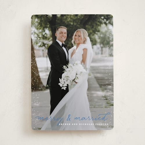 This is a frozen holiday photo cards with standard by Design Lotus called merry and married printing on recycled smooth signature in standard