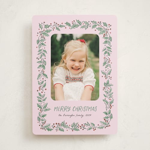 This is a candy holiday photo cards with standard by frau brandt called sketched holly printing on recycled smooth signature in standard