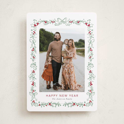 This is a mint holiday photo cards with standard by Cass Loh called holly leaves border printing on recycled smooth signature in standard
