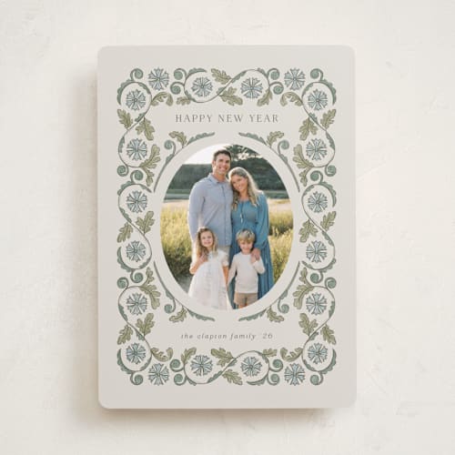 This is a cottage blue holiday photo cards with standard by Jen Owens called heritage wrap printing on recycled smooth signature in standard
