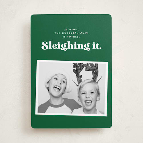 This is a elf holiday photo cards with standard by Corinne Malesic called sleighing it printing on recycled smooth signature in standard