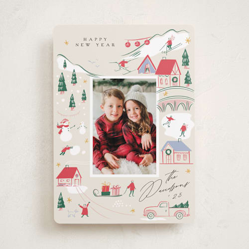 This is a stocking holiday photo cards with standard by Grae called happy wintry village printing on recycled smooth signature in standard