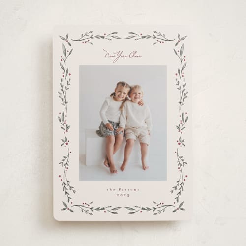 This is a vanilla holiday photo cards with standard by Emily Sabol Goss called leafy border printing on recycled smooth signature in standard