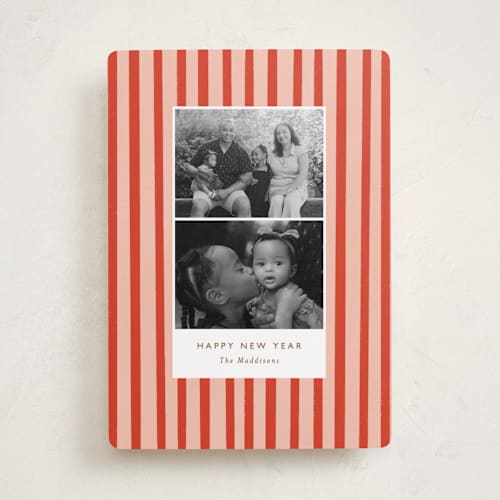 This is a candy cane holiday photo cards with standard by Bethan called striped snaps printing on recycled smooth signature in standard