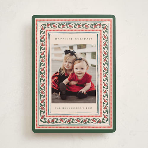 This is a caramel holiday photo cards with standard by Teju Reval called festive block print printing on recycled smooth signature in standard