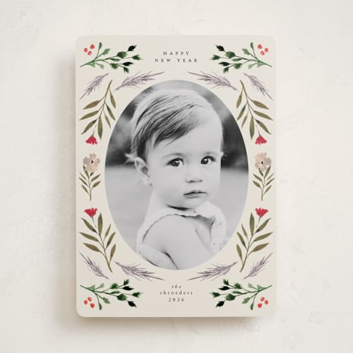 This is a buttercream holiday photo cards with standard by Lindsay Megahed called merry round printing on recycled smooth signature in standard