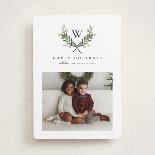 This is a midnight holiday photo cards with standard by Melanie Kosuge called monogram wreath printing on recycled smooth signature in standard