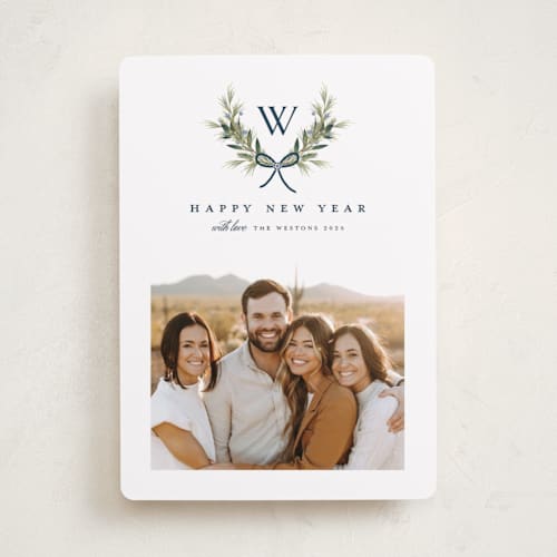 This is a midnight holiday photo cards with standard by Melanie Kosuge called monogram wreath printing on recycled smooth signature in standard