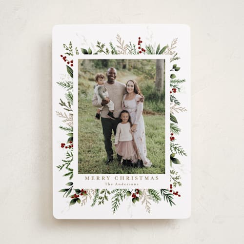 This is a mulled wine holiday photo cards with standard by Susan Moyal called classic greenery printing on recycled smooth signature in standard
