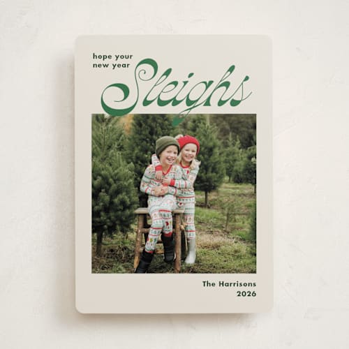 This is a evergreen holiday photo cards with standard by Megan Davis called sleighs printing on recycled smooth signature in standard