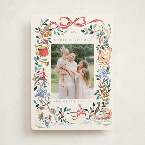 This is a holly berry holiday photo cards with standard by Sarah Knight called 12 days of christmas printing on recycled smooth signature in standard
