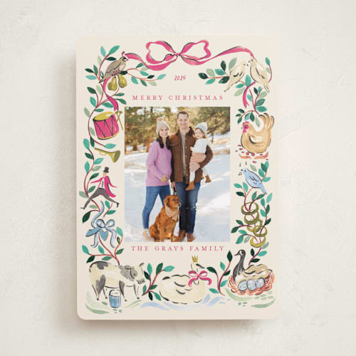 This is a jewel holiday photo cards with standard by Sarah Knight called 12 days of christmas printing on recycled smooth signature in standard