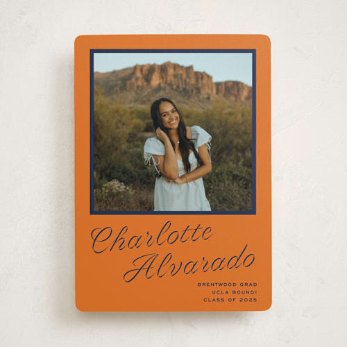 This is a tangerine graduation announcements with standard by Megan Davis called cotillion printing on recycled smooth signature in standard