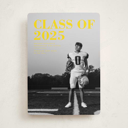 This is a lemon graduation announcements with standard by Emily Sabol Goss called bold headline printing on recycled smooth signature in standard