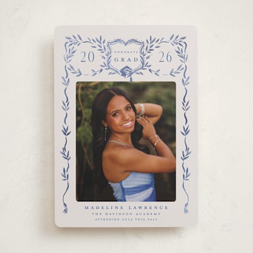 This is a indigo graduation announcements with standard by Petra Kern called grad crest printing on recycled smooth signature in standard