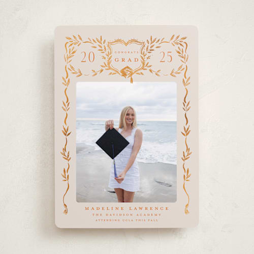 This is a tangerine graduation announcements with standard by Petra Kern called grad crest printing on recycled smooth signature in standard