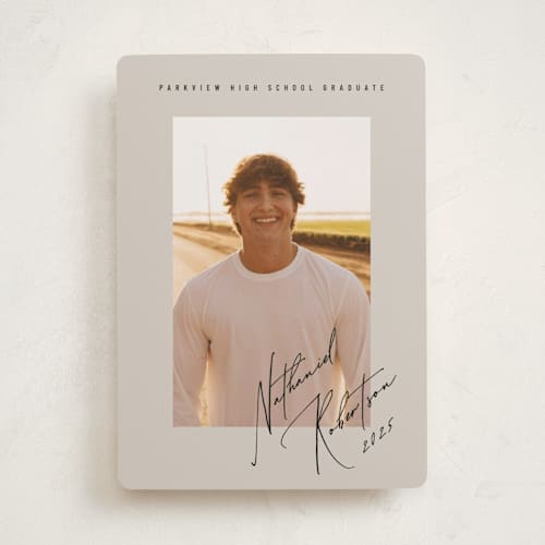 This is a sandstone graduation announcements with standard by Stacy Maalouf called grad signature printing on recycled smooth signature in standard