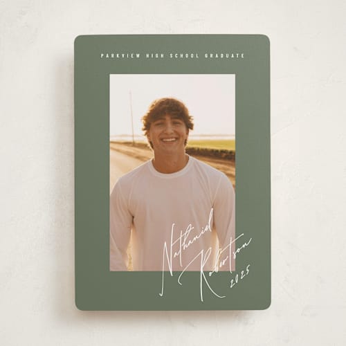 This is a sage graduation announcements with standard by Stacy Maalouf called grad signature printing on recycled smooth signature in standard
