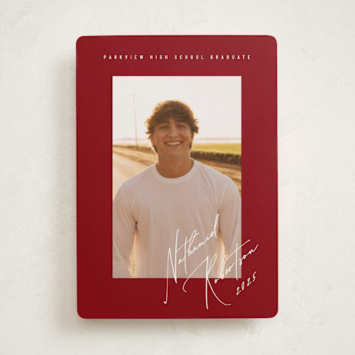 This is a crimson graduation announcements with standard by Stacy Maalouf called grad signature printing on recycled smooth signature in standard