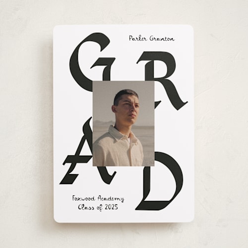 This is a cotton graduation announcements with standard by Chryssi Tsoupanarias called calligraphic ink printing on recycled smooth signature in standard