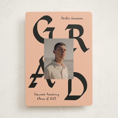 This is a terracotta graduation announcements with standard by Chryssi Tsoupanarias called calligraphic ink printing on recycled smooth signature in standard