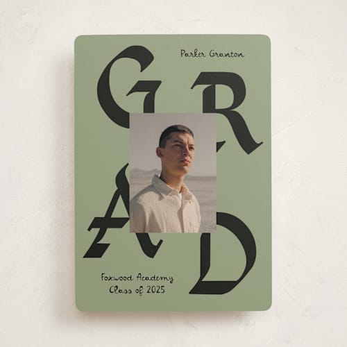 This is a moss graduation announcements with standard by Chryssi Tsoupanarias called calligraphic ink printing on recycled smooth signature in standard