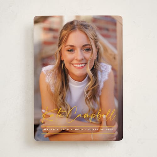 This is a canary graduation announcements with standard by Erica Krystek called signature grad printing on recycled smooth signature in standard