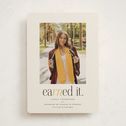 This is a marigold graduation announcements with standard by Louise Kay called earned it printing on recycled smooth signature in standard